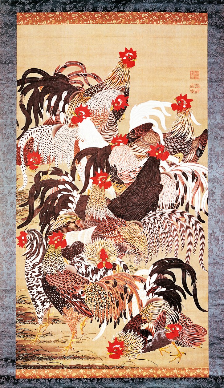 Kolmetoista kukkoa, teoksesta Doshoku Sai-e (Elävien olentojen värikäs valtakunta) Edo-kausi. n.1757-66 (väri silkille). tekijältä Ito Jakuchu