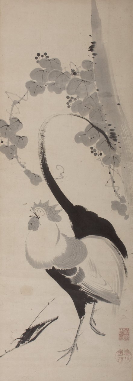 Rooster and Grapevine, Hanging Scroll, Edo Period (tinta sa papel)finn tekijältä Ito attr. to Jakuchu