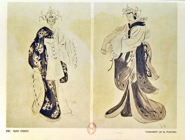 Pukusuunnittelu Giacomo Puccinin (1858-1924) oopperaan Turandot tekijältä Iudi Cozzi