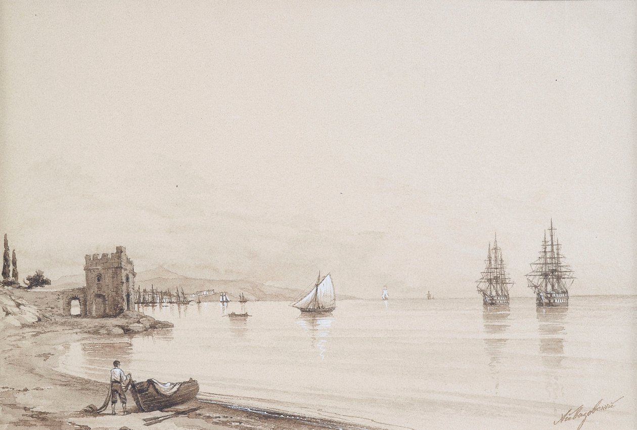 Napsauta eine Meeresbucht mit zahlreichen Segelschiffen (Feodosia?) tekijältä Ivan Konstantinovich Aivazovsky