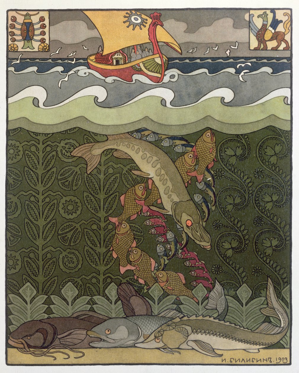 Bogatyr Volga muuttuu haukeksi, kuvitus venäläiseen satuun "Volga", Pietarissa 1903 julkaistu painos. tekijältä Ivan Yakovlevich Bilibin