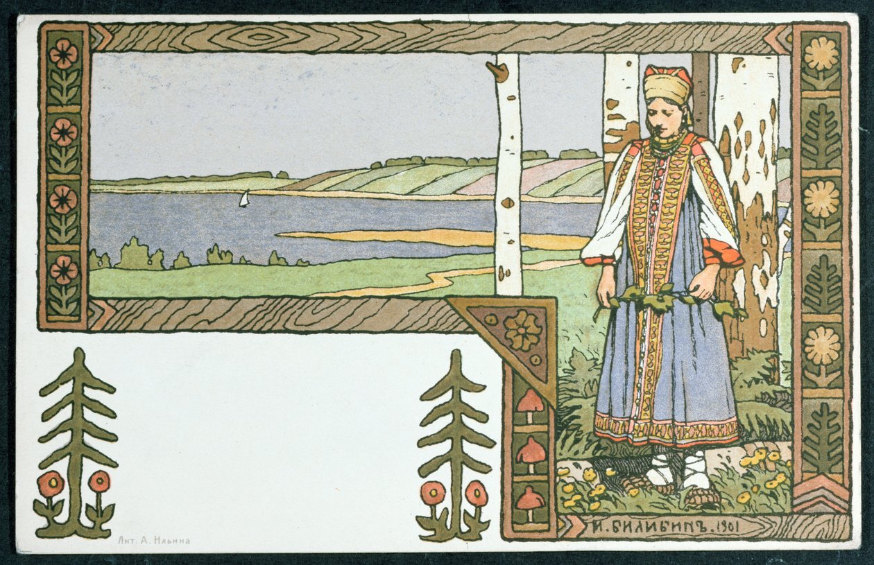 Nuori tyttö ja koivu, 1901 tekijältä Ivan Yakovlevich Bilibin