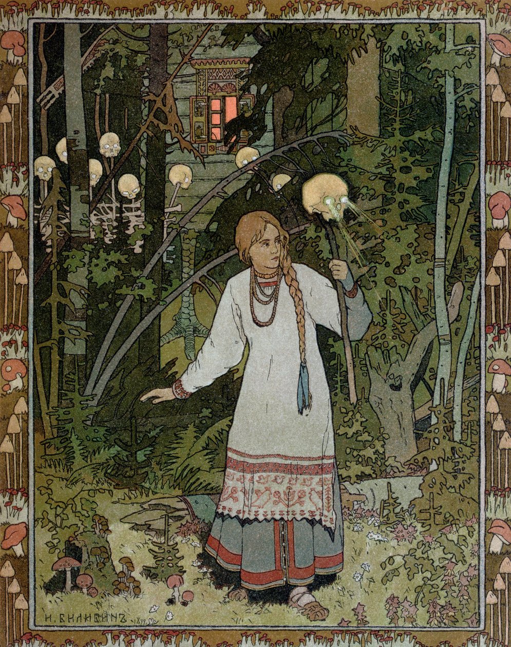 Vassilissa metsässä, kuvitus venäläisestä kansantarusta "Erittäin kaunis Vassilissa", 1899 tekijältä Ivan Yakovlevich Bilibin