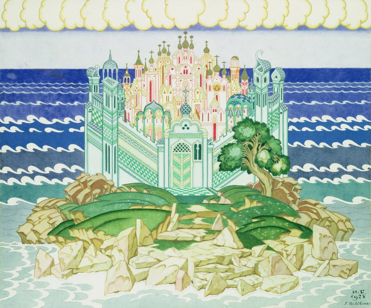 Suunnittelu Rimski-Korsakovin oopperan "Grad Kitezh" vuoden 1928 tuotantoon Pariisissa, 1928 tekijältä Ivan Yakovlevich Bilibin