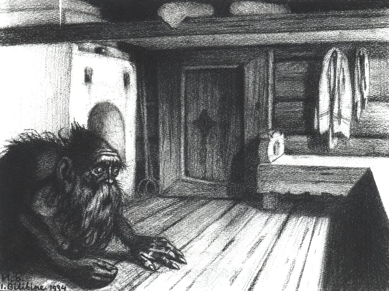Domovoi, talon henki, 1934 (hiili paperilla) tekijältä Ivan Yakovlevich Bilibin