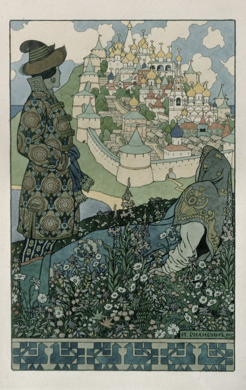 Kuvitus Aleksanteri Pushkinin "Satu tsaari Saltanista", 1905 tekijältä Ivan Yakovlevich Bilibin