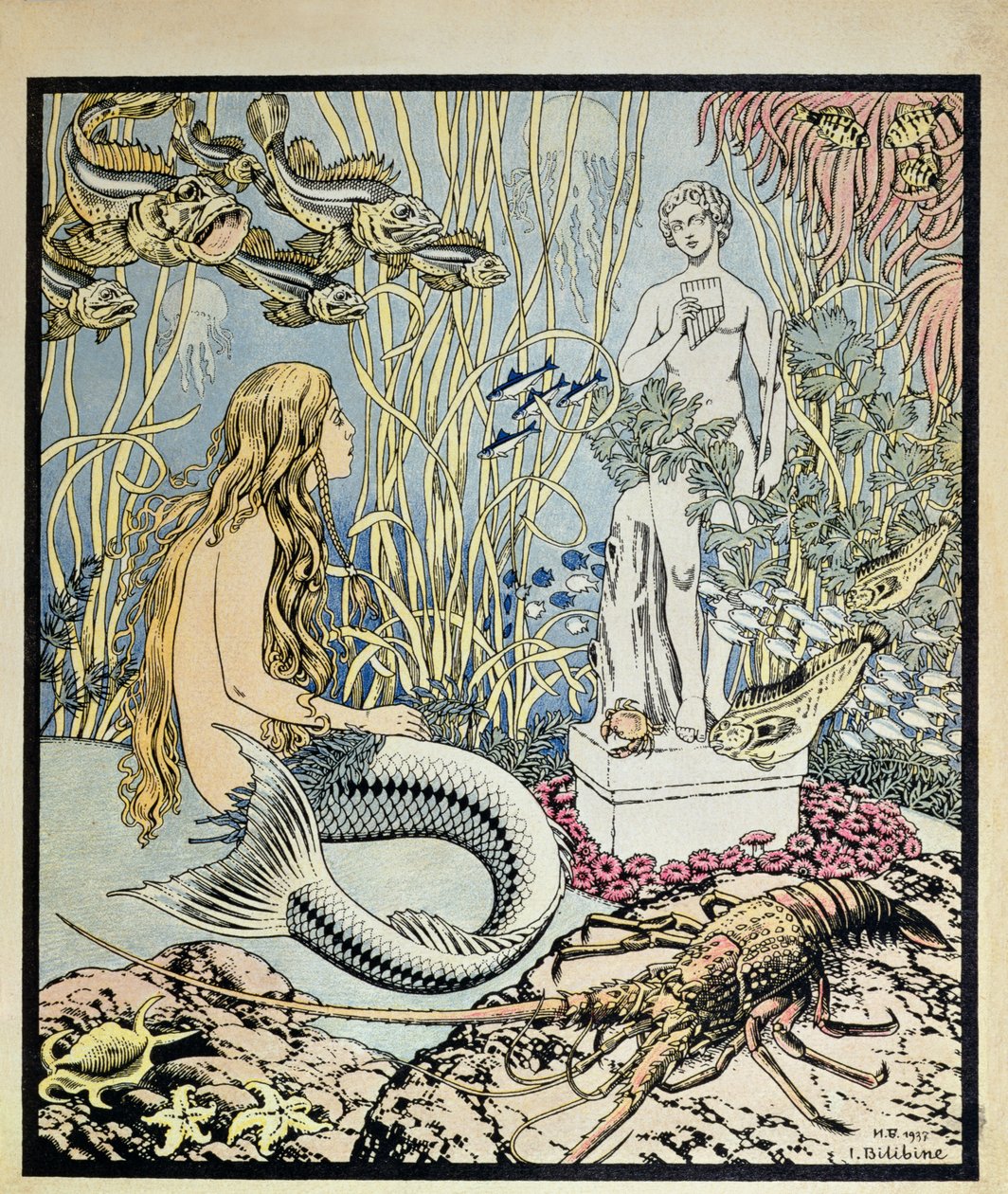 Pieni merenneito ennen patsasta meressä, kuvitus Hans Christian Andersenin (1805-75) satuun, Flammarionin julkaisemasta Album du Pere Castorista, 1937 (värikaiverrus) tekijältä Ivan Yakovlevich Bilibin