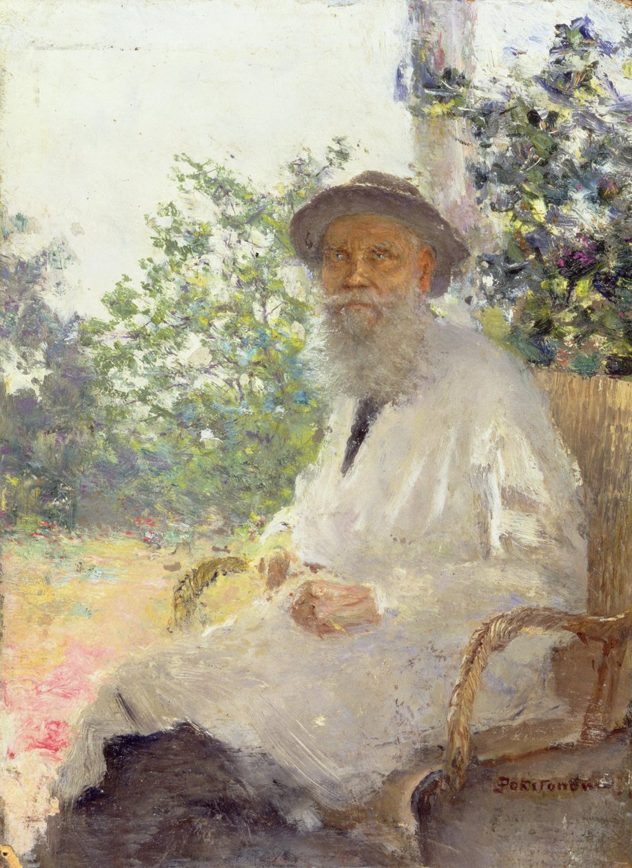 Lev Nikolajevitš Tolstoin (1828-1910) muotokuva terassilla, 1905 tekijältä Ivan Pokitonov