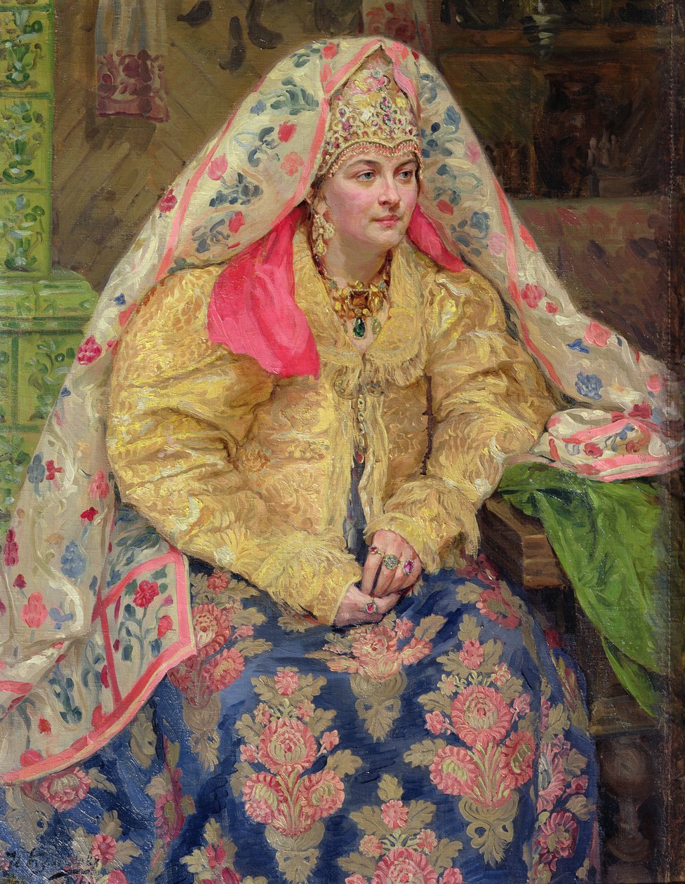 Nainen vanhassa venäläisessä mekossa, 1916 tekijältä Ivan Semyonovich Kulikov
