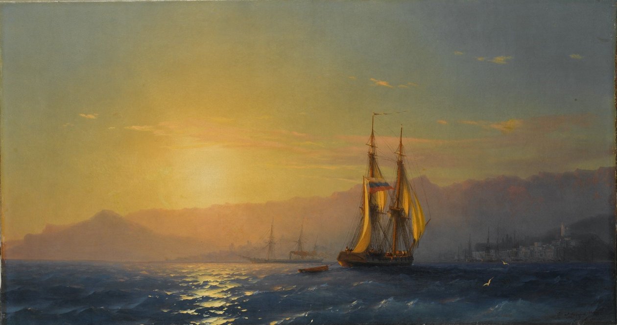 Russian: "Sunset at sea" Auringonlasku merellä tekijältä Ivan Aivazovsky
