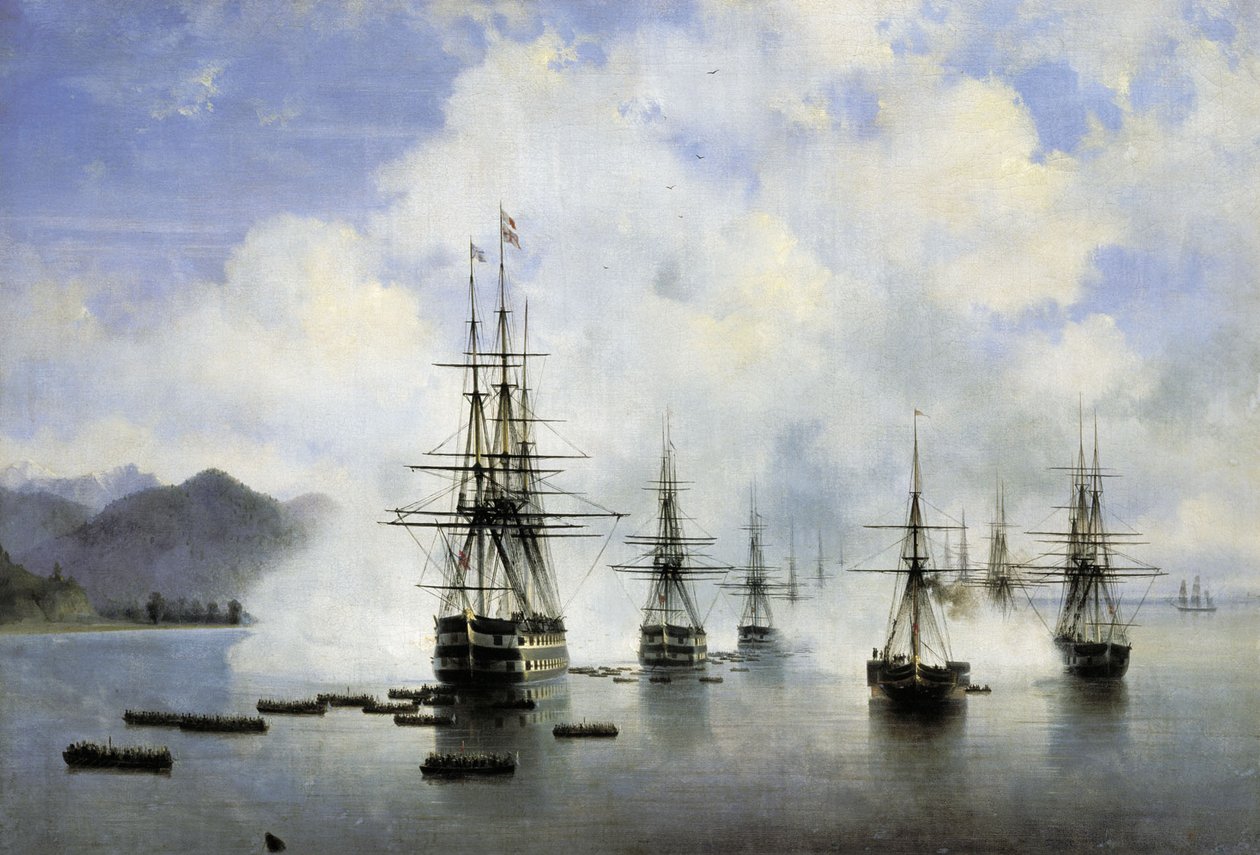 Russian: "The Landing of N. N. Raevskyi at Subashi" N. N. Raevskyi at Subashi "N. N. Raevskyi at Subashi tekijältä Ivan Aivazovsky
