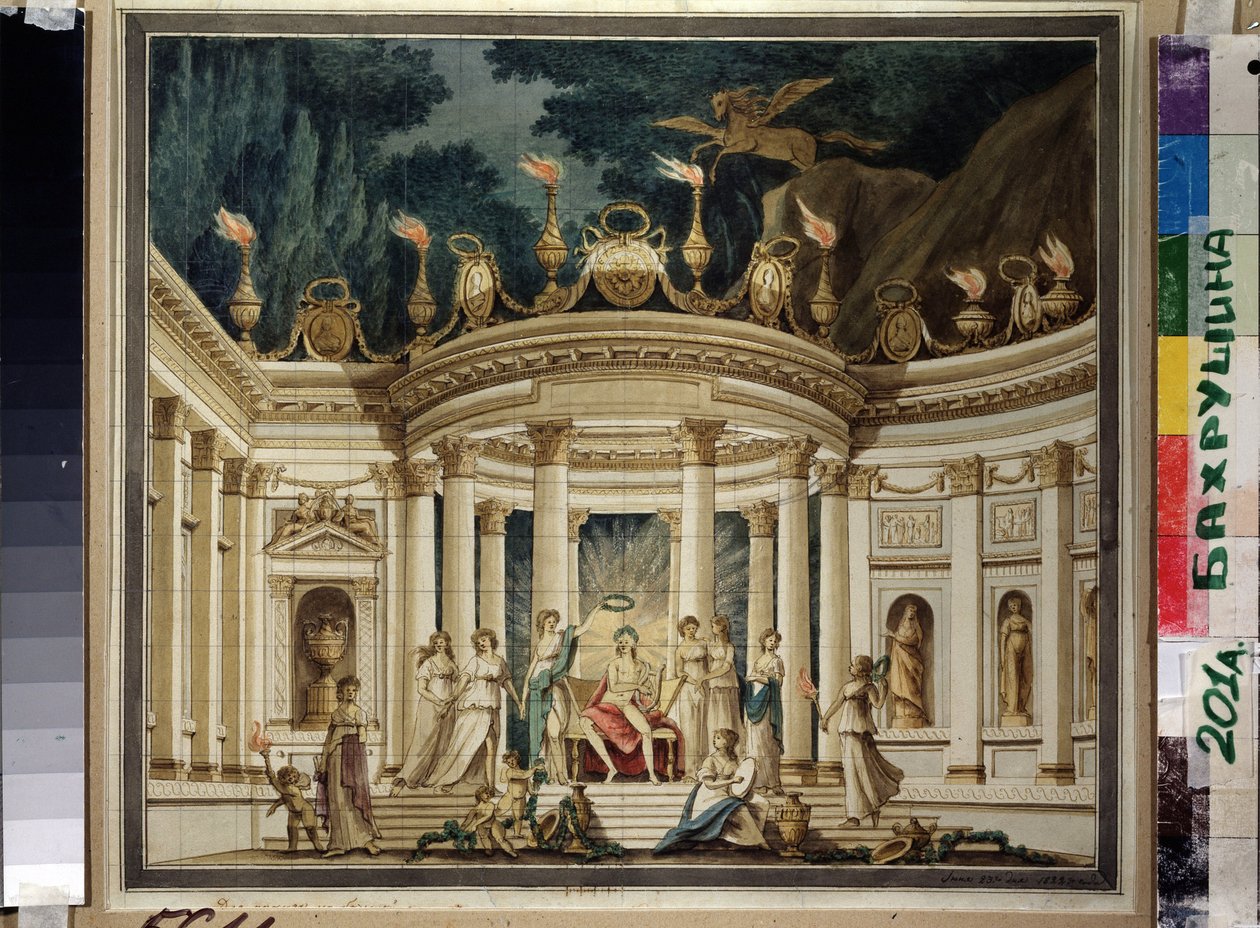 Le Triomphe des Muses. Alexander Aljabyevin (1787-1851) ja Aleksis Verstsovskin (1799-1863) prologi-musikaaliprojekti Projet du rideau. (Muusien voitto. Verhosuunnittelu A.Aljabjevin ja A.Verstovskin musiikkiprologiin). Sisustus antiquisant avec Apollon, tekijältä Ivan Alekseevich Ivanov