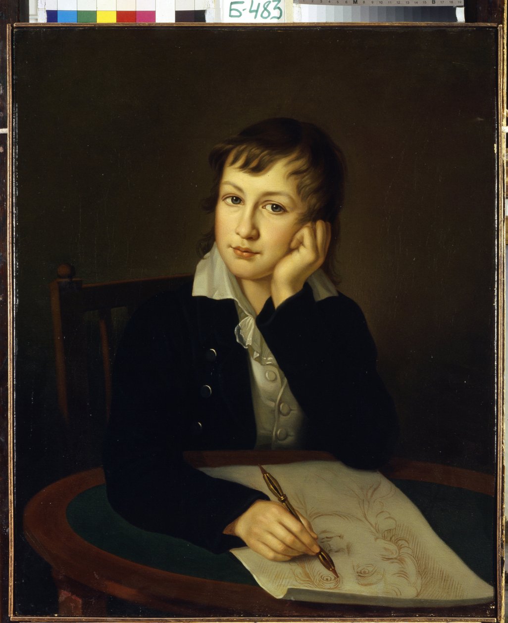 Muotokuva kreivi Aleksandr Nikolajevitš Mordvinovista (1799-1858). (Kreivi A.N. Mordvinovin muotokuva). Nuori teini, pöytänsä ääressä, pitelee päätään ja mekaanista lyijykynää, tarkkailee maalarin kasvoja, jonka kasvoja hän piirtää. Ivan Aleksejevitšin maa tekijältä Ivan Alekseevich Tyurin