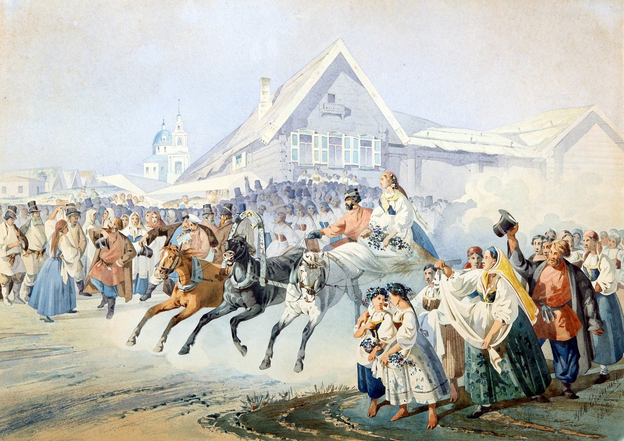 Scene de mariage - Hääkohtaus par Golyshev, Ivan Aleksandrovich (1838-1896), - Litografia, akvarelli, 33,5x47 - Yksityiskokoelma tekijältä Ivan Alexandrovich Golyshev