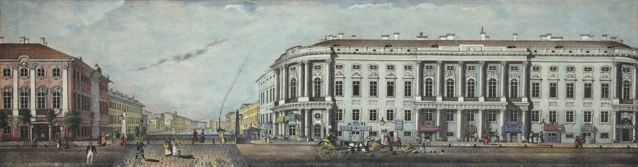 Poliisi silta Stroganovin palatsin kanssa. Panoraama Nevski Prospektilta, 1830 tekijältä Ivan Alexeyevich Ivanov