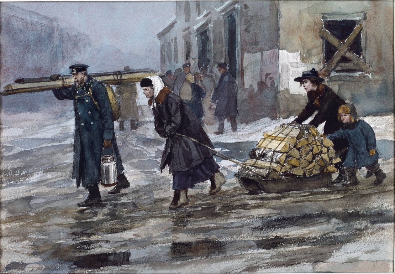 Vladimirovin Ivan Aleksejevitšin (1869-1947) polttoainetta raahaavan insinöörin perhe. Akvarelli, guassi paperille tekijältä Ivan Alexeyevich Vladimirov