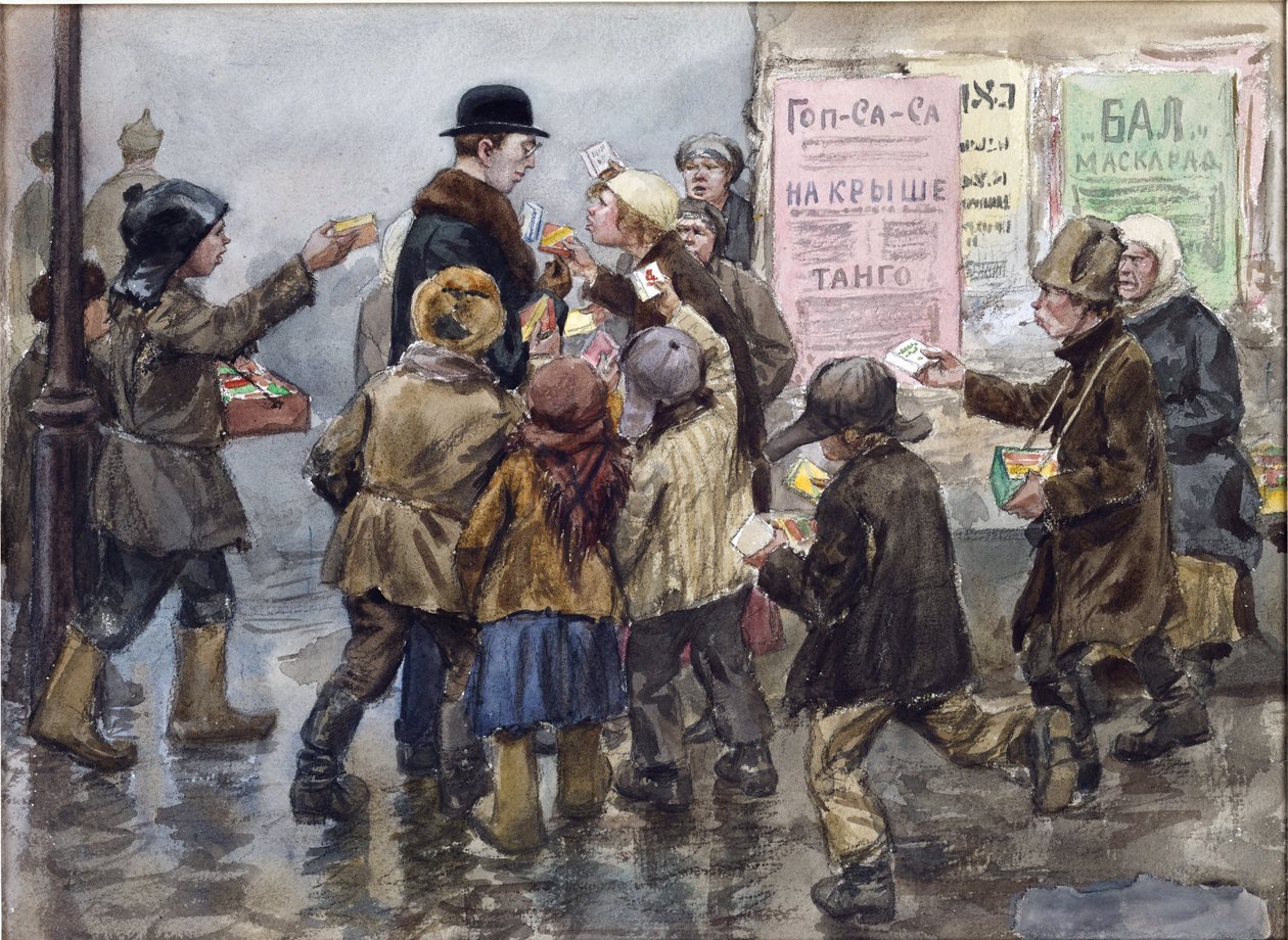 Vladimirov, Ivan Aleksejevitš (1869-1947) tupakkakauppiaiden kimppuun hyökkäävän ulkomaalaisen kimppuun Petrogradissa. Akvarelli, guassi paperille tekijältä Ivan Alexeyevich Vladimirov