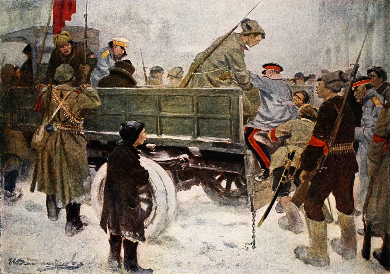 Kenraalien pidättäminen vallankumouksen aikana helmikuussa 1917 (värinen lito) tekijältä Ivan Alexeyevich Vladimirov