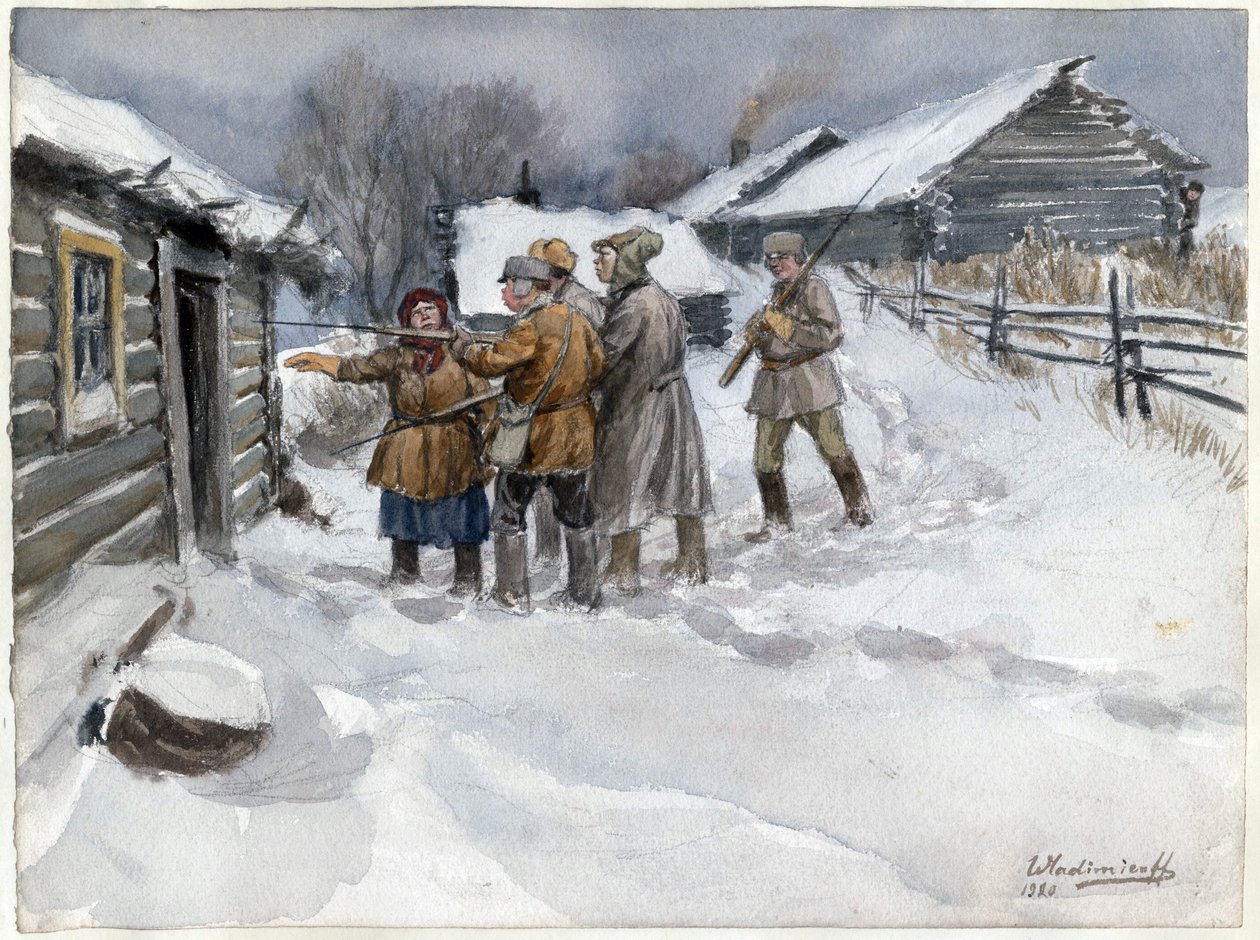 Avant la perquisition et la saisie - Ennen etsintää ja takavarikointia (Venäjän vallankumouksen vesivärisarjasta) - Vladimirov, Ivan Aleksejevitš (1869-1947) - 1920 - Vesiväri paperille - 25,6x34,3 - Yksityiskokoelma tekijältä Ivan Alexeyevich Vladimirov