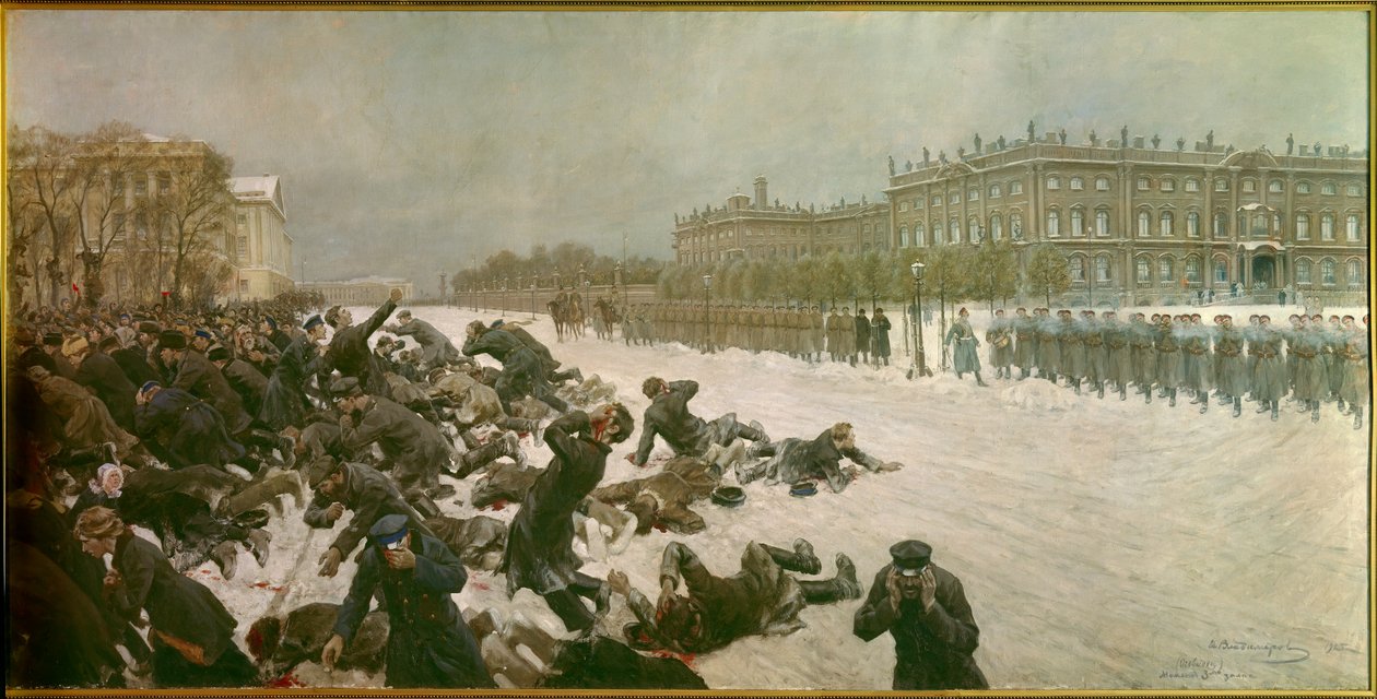 Venäjän vallankumouksen alku 1905: "" Ammuskelu Palatsiaukiolla 22. tammikuuta tekijältä Ivan Alexeyevich Vladimirov