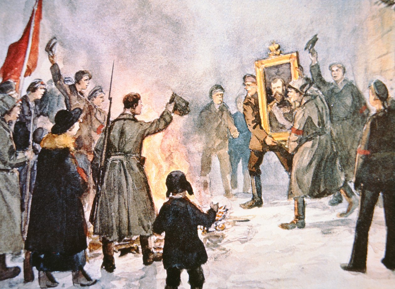 Bolshevikkisotilaat olivat polttamassa tsaarin muotokuvaa Venäjän 1917 vallankumouksen aikana (värilitho) tekijältä Ivan Alexeyevich Vladimirov