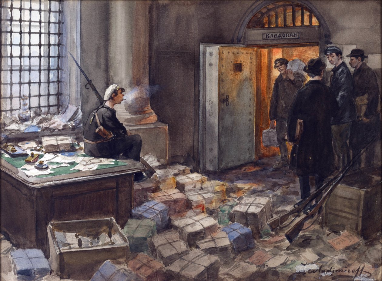 Joukkovelkakirjojen takavarikointi Wawelberg Bankissa Petrogradissa Vladimirov, Ivan Aleksejevitš (1869-1947). Akvarelli, guassi paperille tekijältä Ivan Alexeyevich Vladimirov