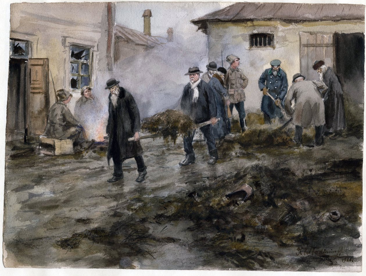 Porvari nettoyant une etable - Porvaristo siivoamassa tallia (Venäjän vallankumouksen vesivärisarjasta) - Vladimirov, Ivan Aleksejevitš (1869-1947) - 1920 - Vesiväri paperille - 25,8x34,4 - Yksityiskokoelma tekijältä Ivan Alexeyevich Vladimirov
