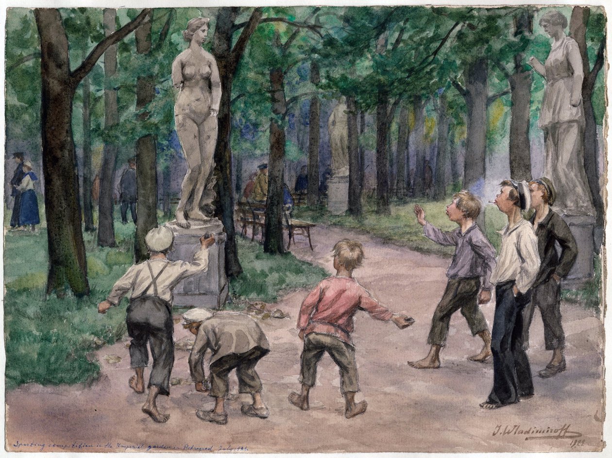 Urheilukilpailu keisarillisessa puutarhassa Pietarissa (lapset heittävät kiviä alaston naisen patsasta kohti) - Urheilukilpailu Imperial Gardensissa: Pietari, heinäkuu 1921 (Venäjän vallankumouksen vesivärisarjasta) - Vladim tekijältä Ivan Alexeyevich Vladimirov