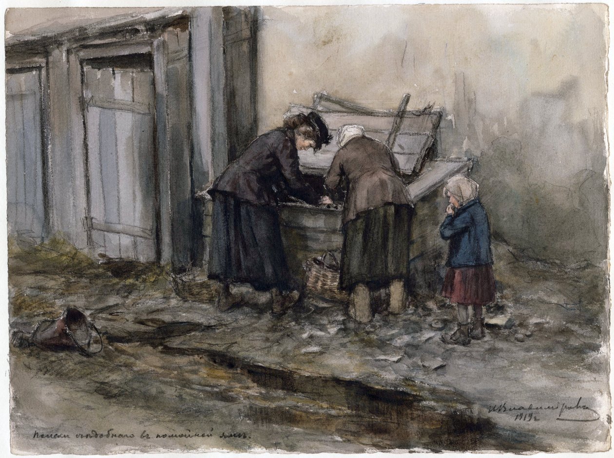 Kaksi naista ja lapsi etsivät ateriaa roskakorista - Kaksi naista ja lapsi etsimässä roskakorin läpi (Venäjän vallankumouksen vesivärisarjasta) - Vladimirov, Ivan Aleksejevitš (1869-1947) - 1919 - Vesiväri paperille - 25 ,8x34,5 - P tekijältä Ivan Alexeyevich Vladimirov