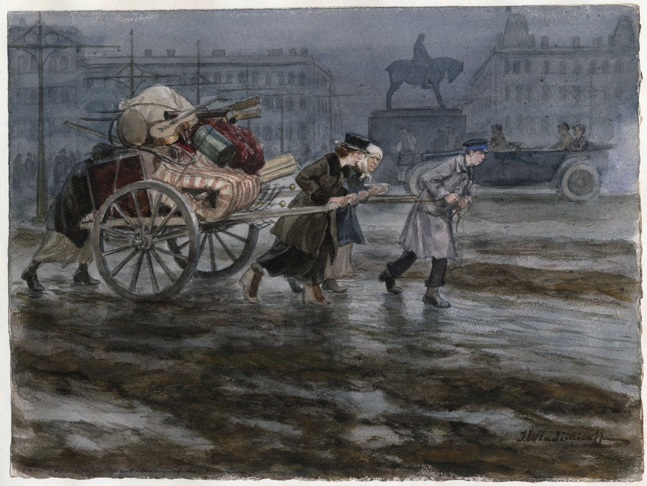Famille demenageant ses affaires dans une charrette a bras - Perhe siirtää omaisuuttaan kärryissä (akvarellisarjasta Venäjän vallankumous) - Vladimirov, Ivan Aleksejevitš (1869-1947) - 1917-1918 - Vesiväri paperille - 25,9x34,3 - Yksityinen Collec tekijältä Ivan Alexeyevich Vladimirov