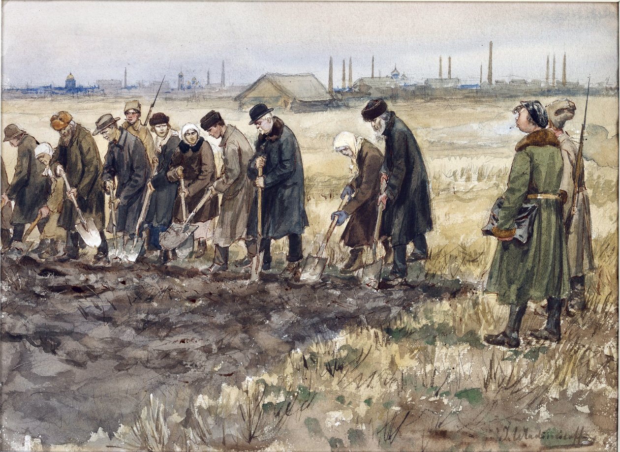 Kovaa työtä rikkaille kauppiaille, aatelisille ja rikollisille Vladimirovin, Ivan Aleksejevitšin (1869-1947) vallankumouksen vuosina. Akvarelli, guassi paperille tekijältä Ivan Alexeyevich Vladimirov