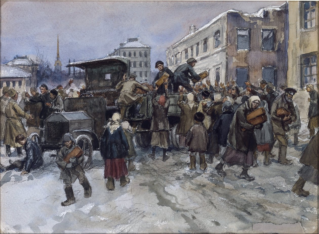 Nälkäiset työmiehet Petrogradissa ryöstävät leipää sotilasautosta. Vladimirov, Ivan Aleksejevitš (1869-1947). Akvarelli, guassi paperille tekijältä Ivan Alexeyevich Vladimirov
