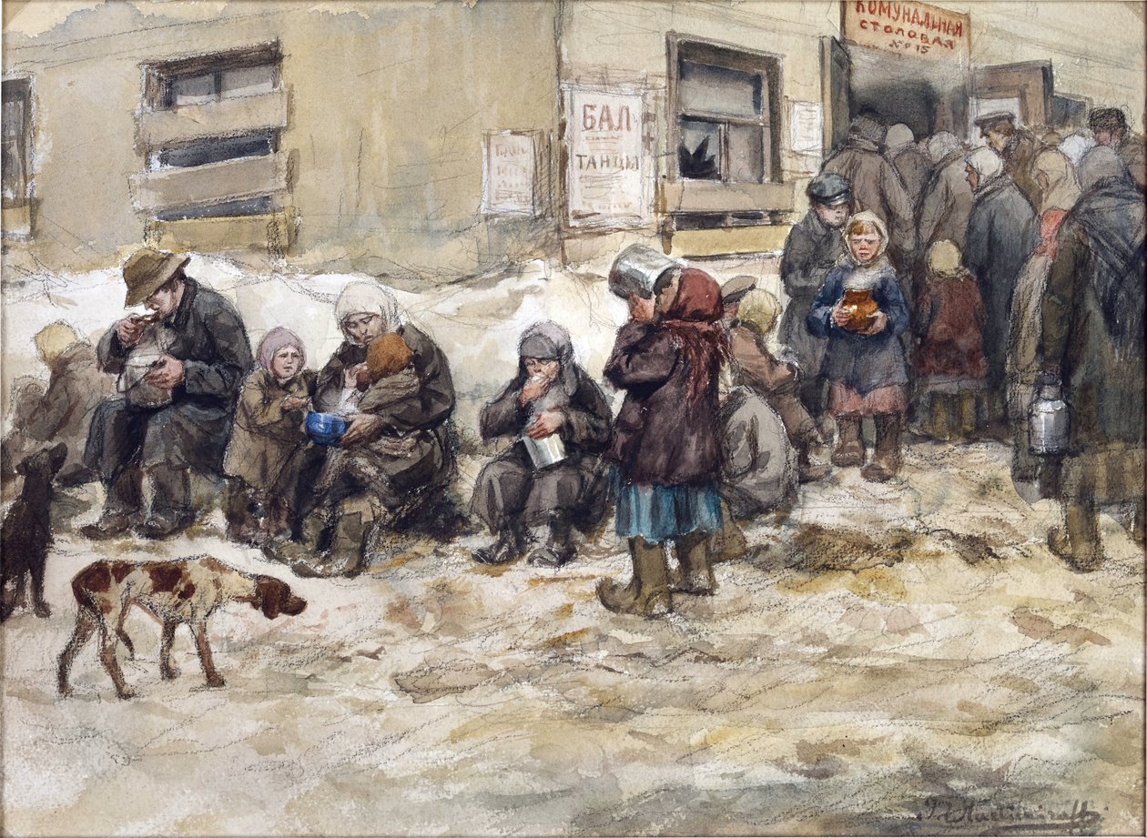 Nälkäiset vuodet Petrogradissa. Vladimirov, Ivan Aleksejevitš (1869-1947) "Yhteinen ruokasali." Akvarelli, guassi paperille. Yksityinen kokoelma tekijältä Ivan Alexeyevich Vladimirov