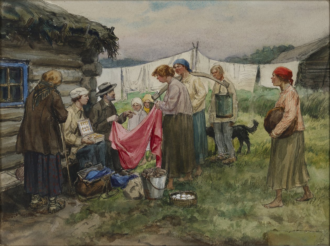 Nälkäiset vuodet Petrogradissa. Vladimirov, Ivan Aleksejevitš (1869-1947) vaihtaa tavaraa elintarvikkeisiin kylässä lähellä rautatieasemaa. Akvarelli, guassi paperille tekijältä Ivan Alexeyevich Vladimirov