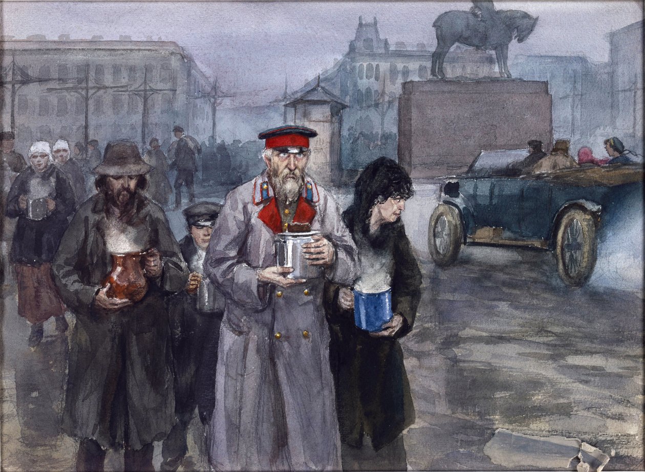 Nälkäiset vuodet Petrogradissa. Vladimirovin Ivan Aleksejevitšin (1869-1947) paluu yhteisestä keittokeittiöstä. Akvarelli, guassi paperille tekijältä Ivan Alexeyevich Vladimirov