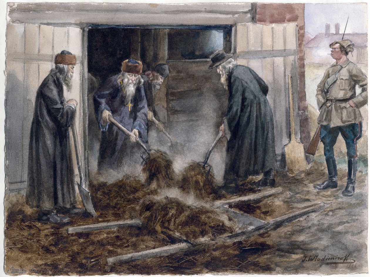 Le clerge russe pelletant le fumier - Venäjän papisto lapioi heinää: syyskuu 1918 (akvarellisarjasta Venäjän vallankumous) - Vladimirov, Ivan Aleksejevitš (1869-1947) - 1918 - Vesiväri paperille - 25,8x34,3 - Yksityiskokoelma tekijältä Ivan Alexeyevich Vladimirov