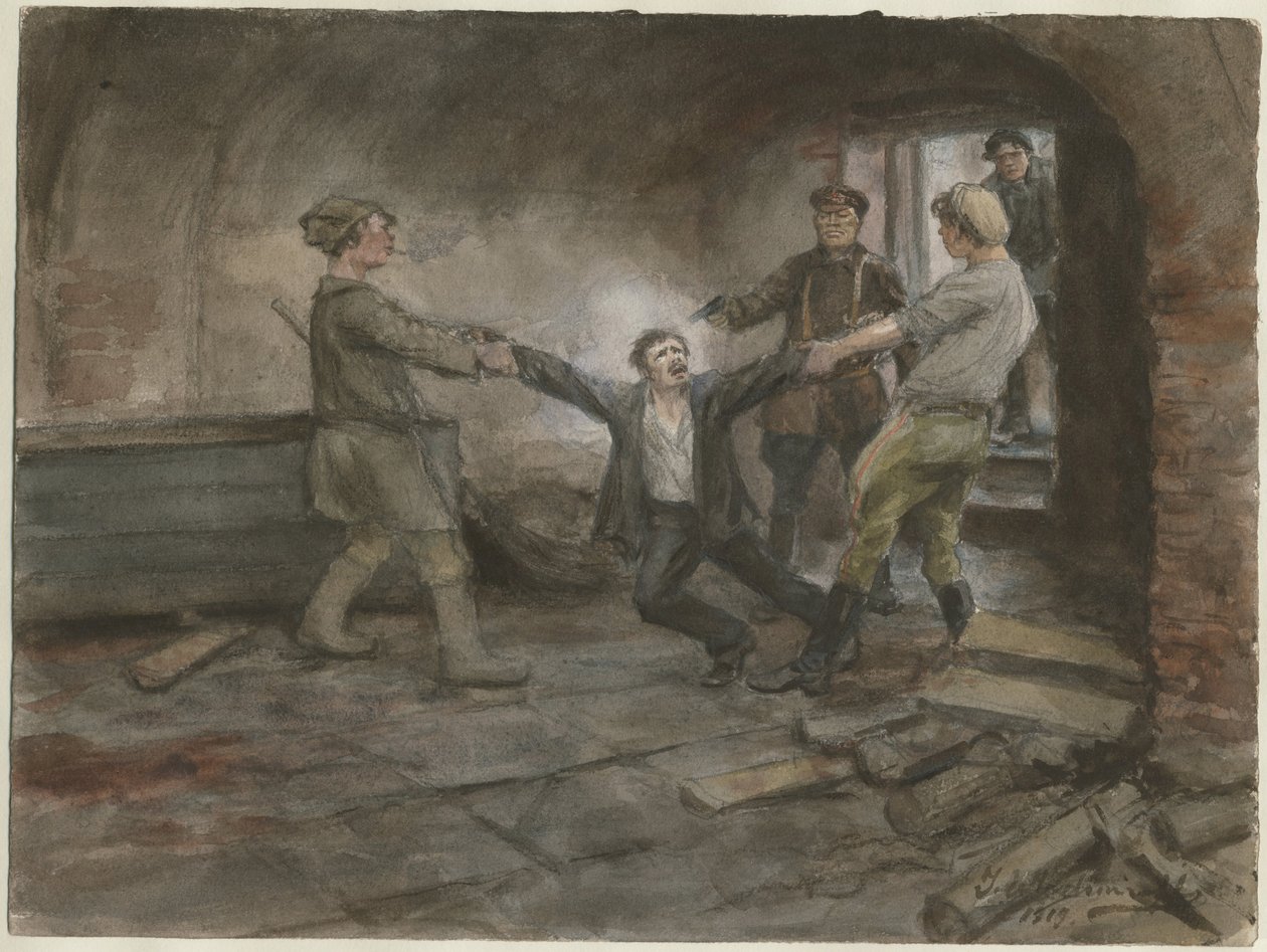 Pidätetty ja teloitettu mies Venäjän vallankumouksen vesivärisarjasta 1919 tekijältä Ivan Alexeyevich Vladimirov