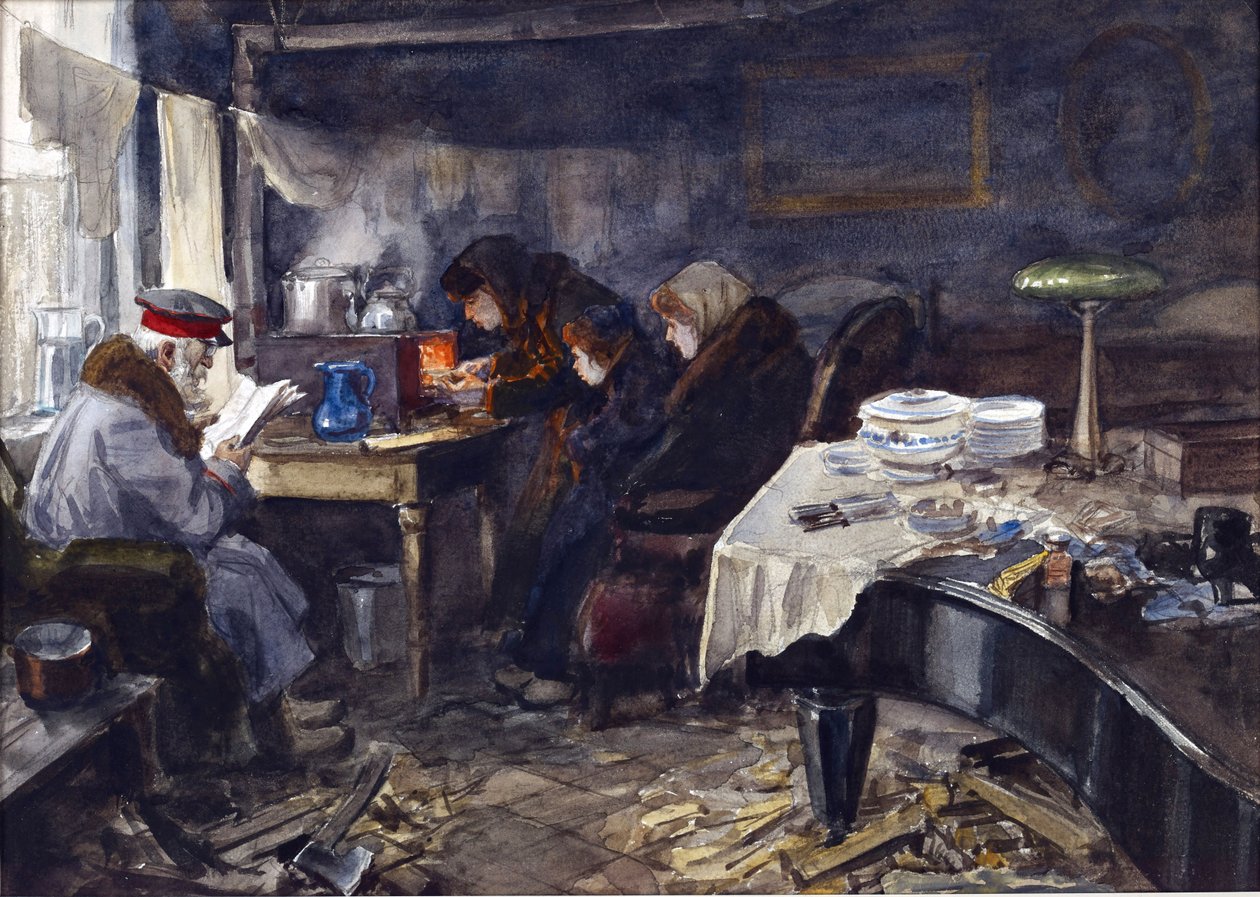 Vladimirovin, Ivan Aleksejevitšin (1869-1947) venäläisten aatelisten ja korkea-arvoisten ihmisten kurja elämä vallankumouksen aikana. Akvarelli, guassi paperille tekijältä Ivan Alexeyevich Vladimirov