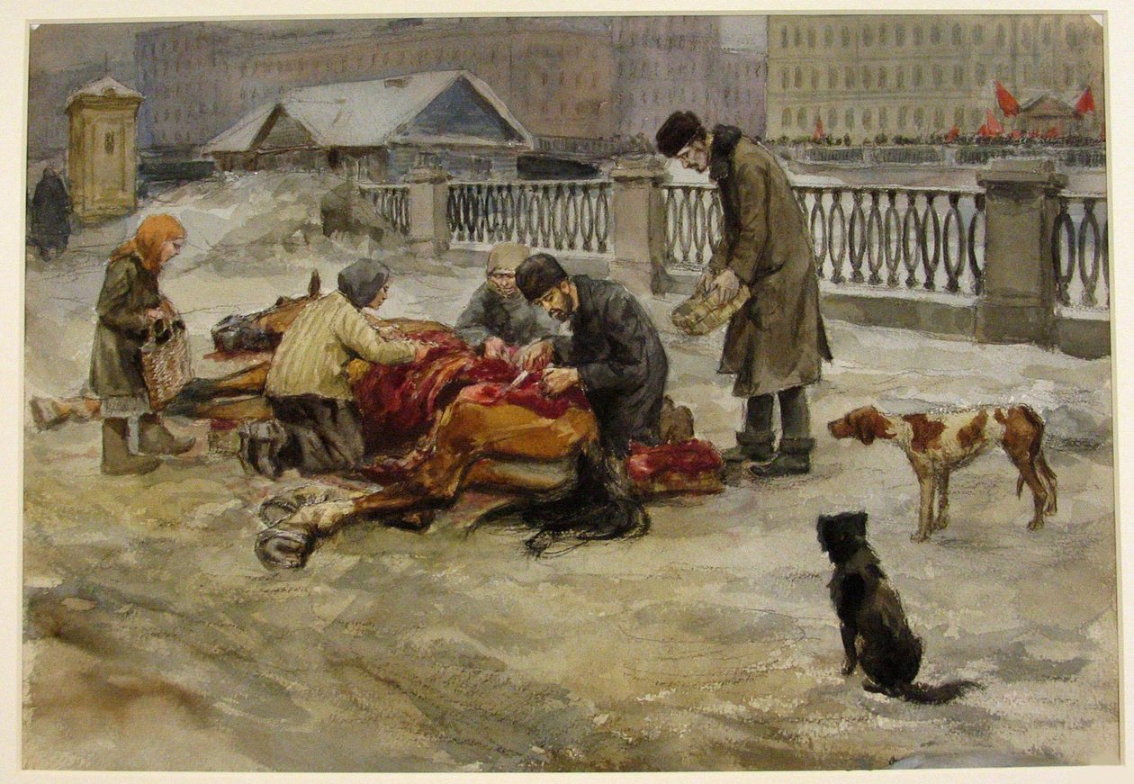 Petrograd vuonna 1918 akvarellisarjasta Venäjän vallankumous, 1918 tekijältä Ivan Alexeyevich Vladimirov