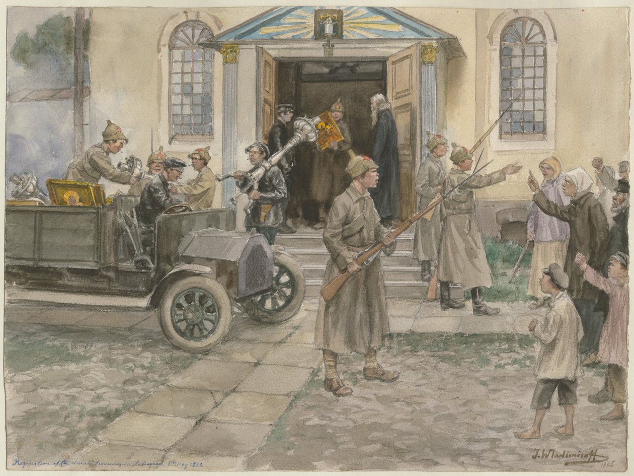 Pietarin kirkkoaarteiden pakkolunastus 5. toukokuuta 1922 Venäjän vesivärisarjasta tekijältä Ivan Alexeyevich Vladimirov