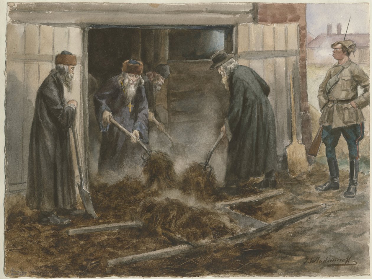 Venäjän papisto lapioi heinää: syyskuu 1918 vesivärisarjasta Venäjän vallankumous, 19. tekijältä Ivan Alexeyevich Vladimirov