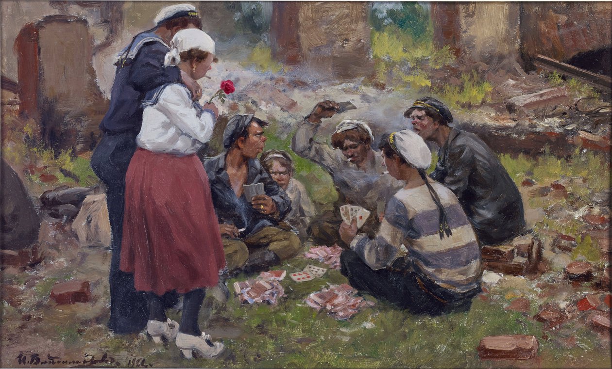 Merimiehet pelaavat korttia Vladimirov, Ivan Aleksejevitš (1869-1947). Öljy puulle tekijältä Ivan Alexeyevich Vladimirov