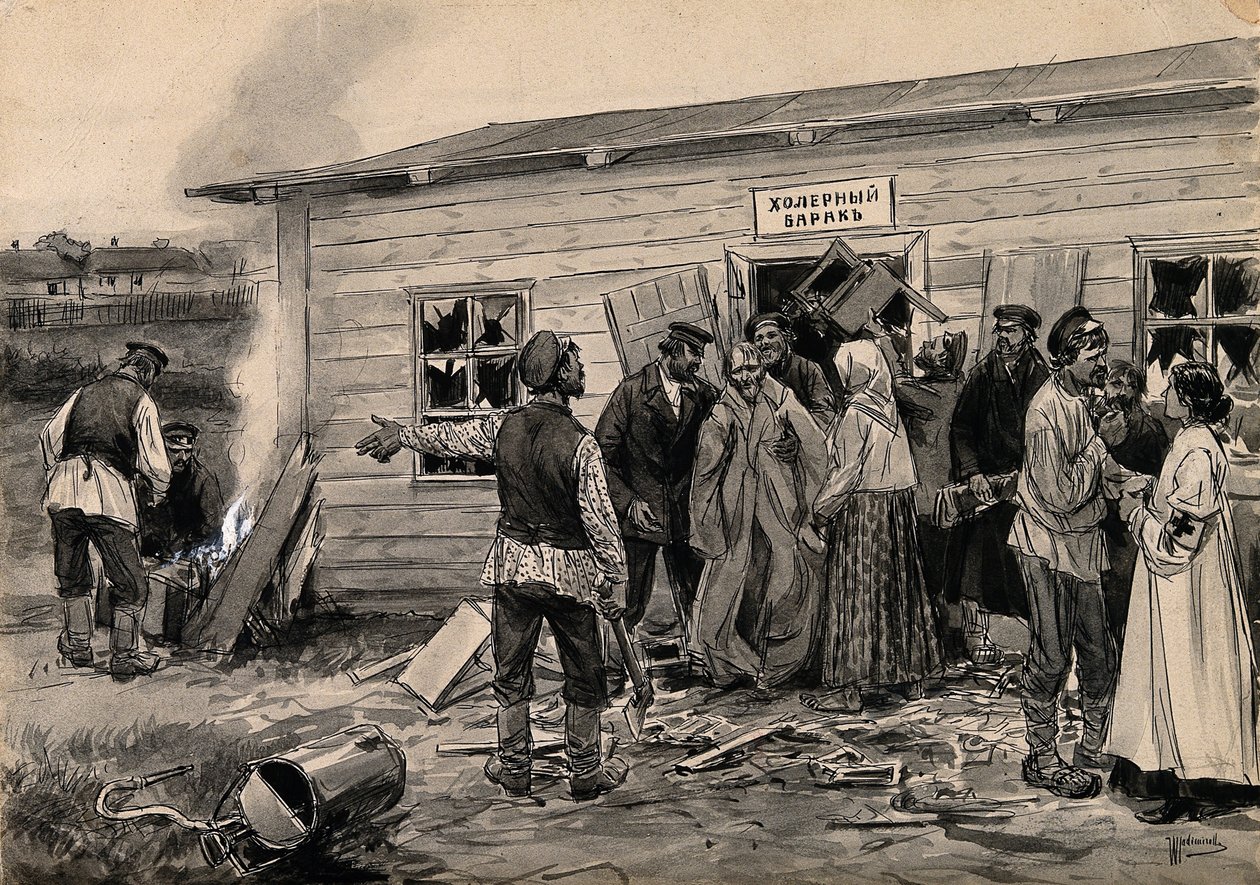 Kohtaus kolerakasarmissa akvarellisarjasta Venäjän vallankumous, n. 1920 tekijältä Ivan Alexeyevich Vladimirov