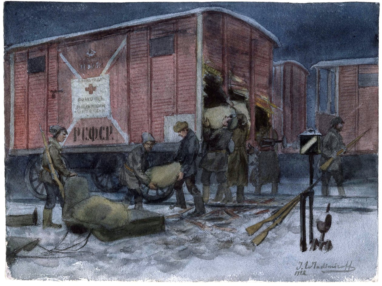 Soldats pillant un wagon de chemin de fer - Sotilaat ryöstävät junavaunua (Venäjän vallankumouksen vesivärisarjasta) - Vladimirov, Ivan Aleksejevitš (1869-1947) - 1922 - Vesiväri paperille - 25,8x34,1 - Yksityiskokoelma tekijältä Ivan Alexeyevich Vladimirov