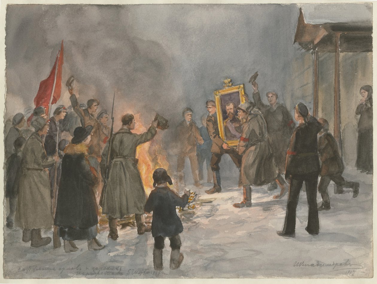 Sotilaat polttavat maalauksia vesivärisarjasta Venäjän vallankumous, 1917 tekijältä Ivan Alexeyevich Vladimirov