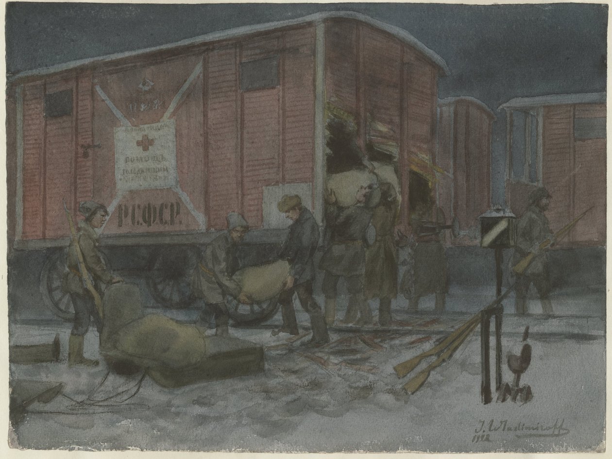 Sotilaat ryöstävät rautatievaunua akvarellisarjasta Venäjän vallankumous, 1922 tekijältä Ivan Alexeyevich Vladimirov
