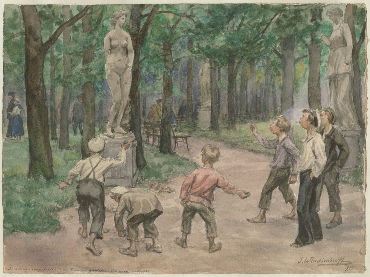 Urheilukilpailu Imperial Gardensissa: Petrograd, heinäkuu 1921 vesivärisarjasta R tekijältä Ivan Alexeyevich Vladimirov