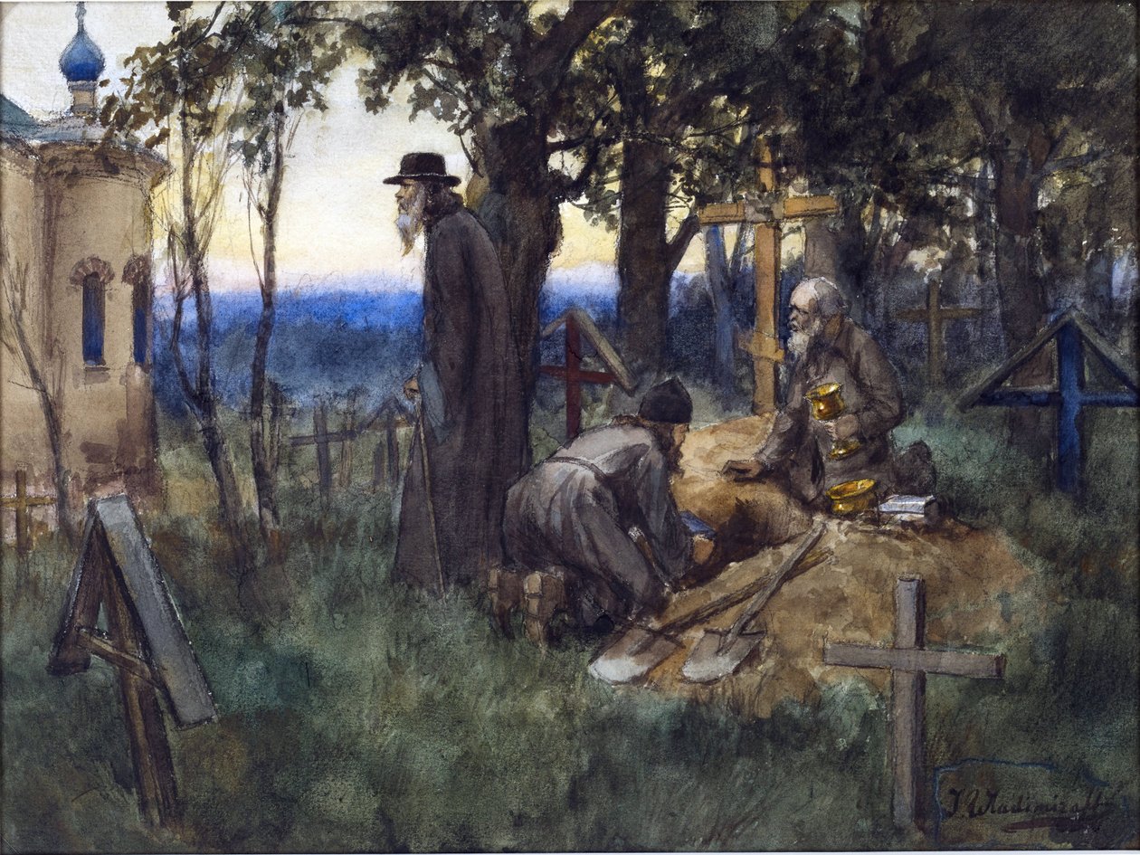 Papit piilottelevat kirkon aarteita uuteen hautaan Vladimirovin, Ivan Aleksejevitšin (1869-1947) hautausmaalla. Akvarelli, guassi paperille tekijältä Ivan Alexeyevich Vladimirov