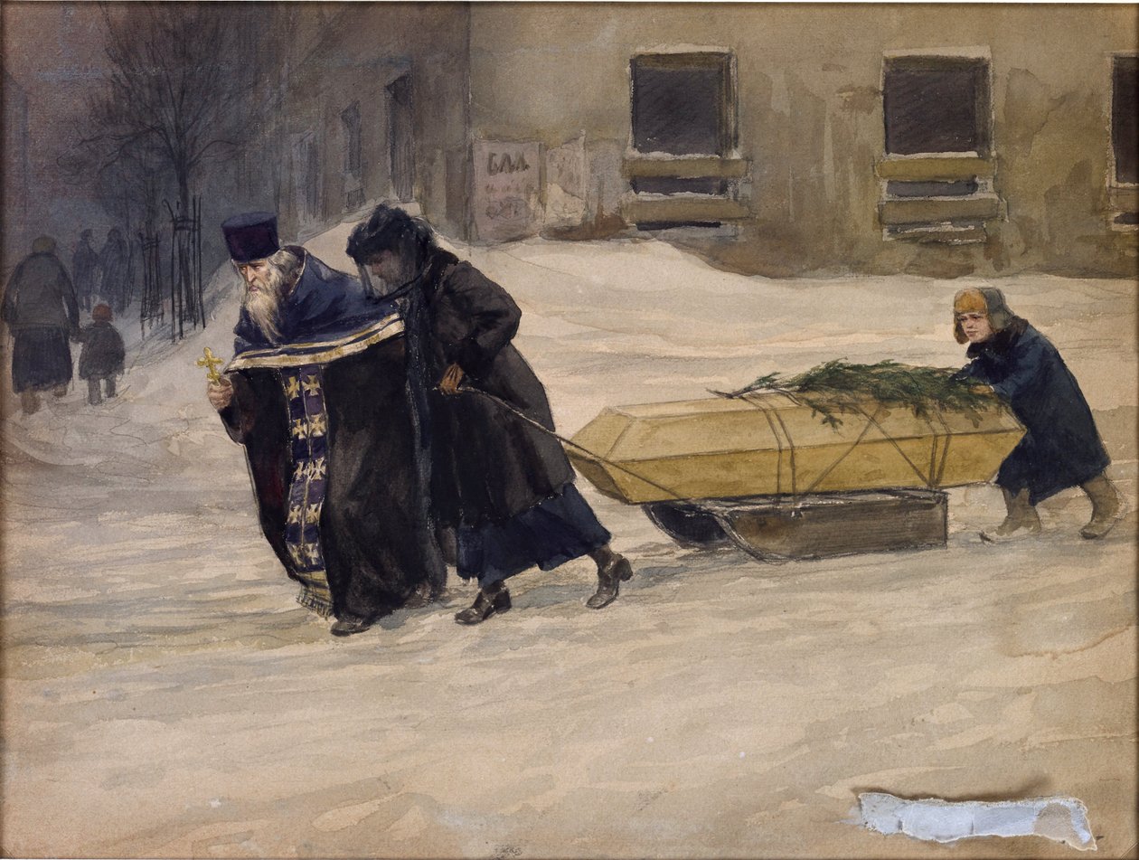 Vladimirov, Ivan Aleksejevitš (1869-1947) isän hautajaiset. Akvarelli, guassi paperille tekijältä Ivan Alexeyevich Vladimirov