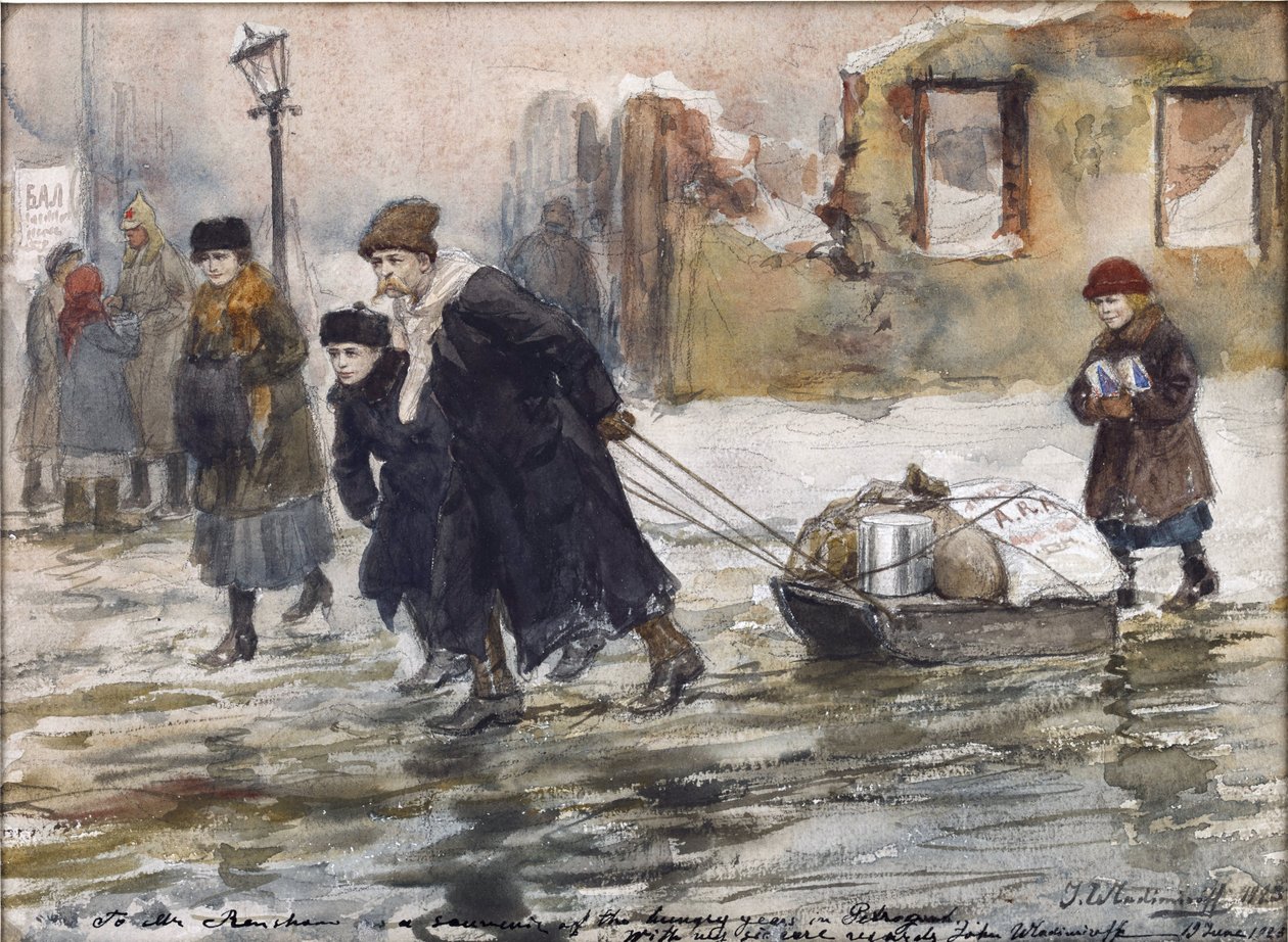 Kuljetti ruokaa kelkassa Vladimirov, Ivan Aleksejevitš (1869-1947). Akvarelli, guassi paperille tekijältä Ivan Alexeyevich Vladimirov